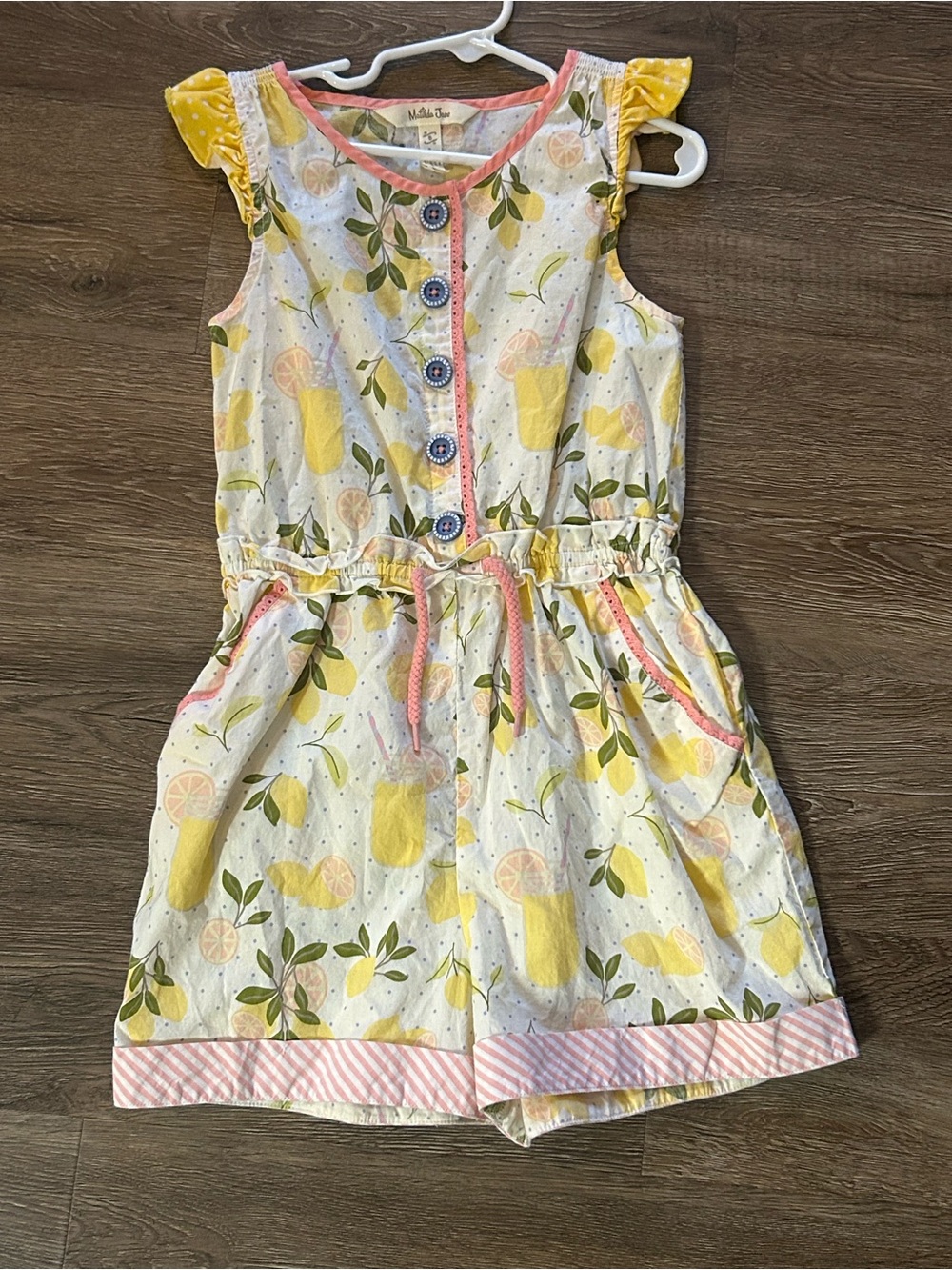 Matilda Jane Yellow Lemon-Print Sleeveless Romper with Pink Accents